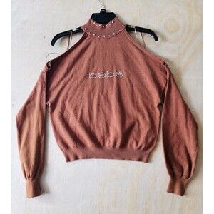 Bebe Swarovski Small Brown Knitted Rhinestone Long Sleeve High Neck Pullover